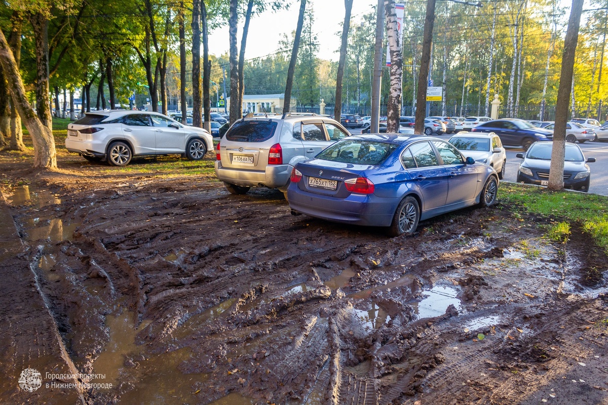 Водители паркуются на газонах напротив нижегородского парка «Швейцария»